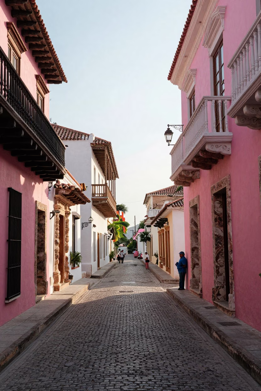 Cartagena Colombia Late Morning Street Scene with Colorful Colonial Architecture and Local Life in in Cartagena, Colombia