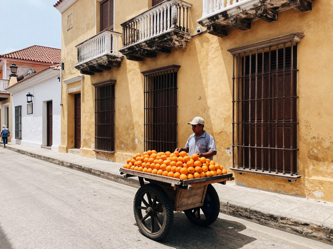 Cartagena Colombia Midday Street Scene with Orange Vendor and Colonial Architecture in in Cartagena, Colombia