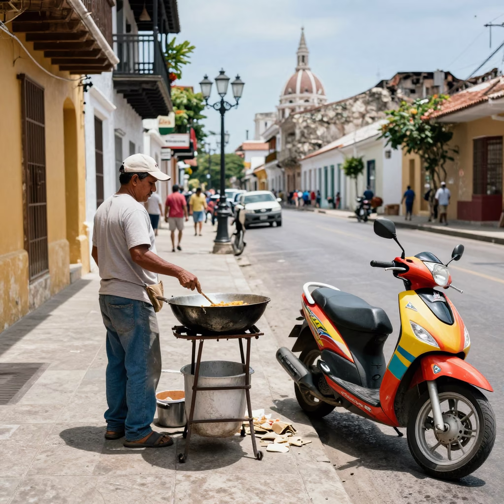 Cartagena Colombia Midday Street Scene with Skillet and Scooter in in Cartagena, Colombia