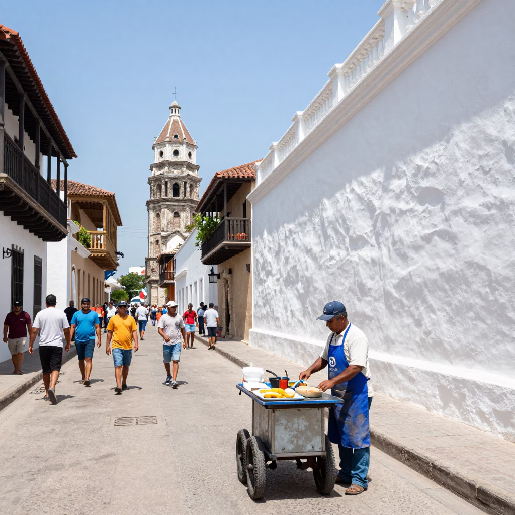 Cartagena Colombia Midday Street Scene with Water Tower and Aprons in in Cartagena, Colombia
