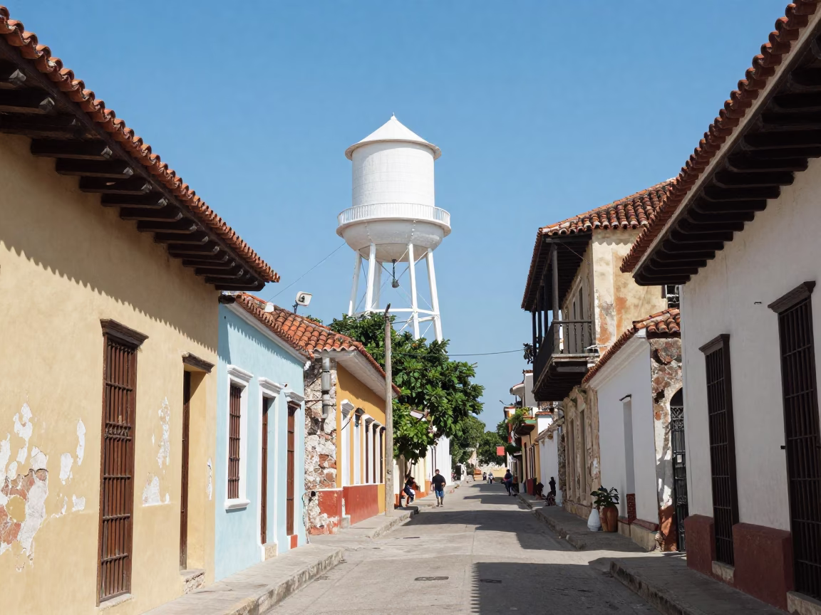 Cartagena Colombia midday street scene with water tower and local interaction in in Cartagena, Colombia