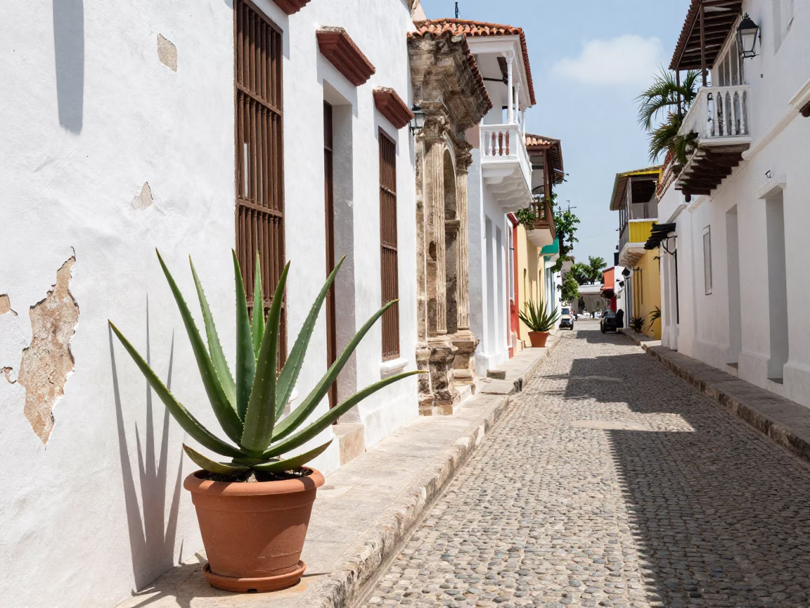 Cartagena Colombia Midmorning Street Scene with Aloe Vera and Paint Flecks in in Cartagena, Colombia