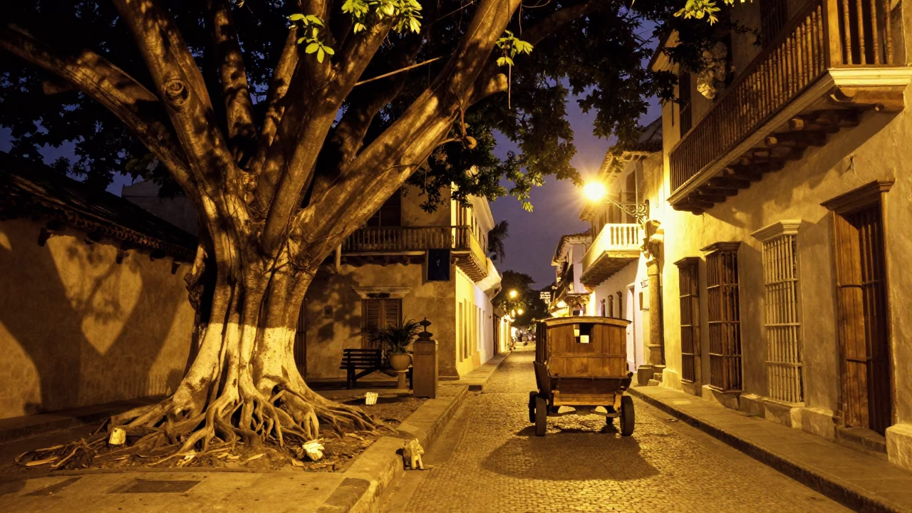 Cartagena Colombia Midnight Street Scene With Kapok Tree And Wooden Sailboat in in Cartagena, Colombia