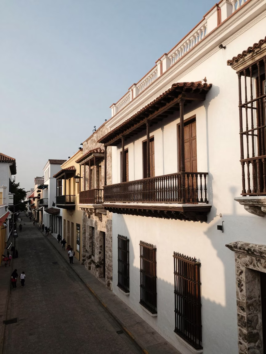 Cartagena Colombia Morning Light on Historic Colonial Balcony with Local Street Life in in Cartagena, Colombia