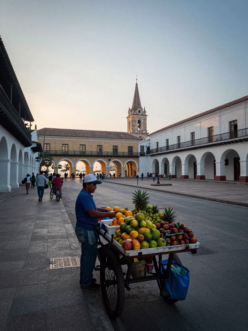 Cartagena Colombia Morning Street Scene Before Sunrise with Local Vendor and Chess Clock in in Cartagena, Colombia