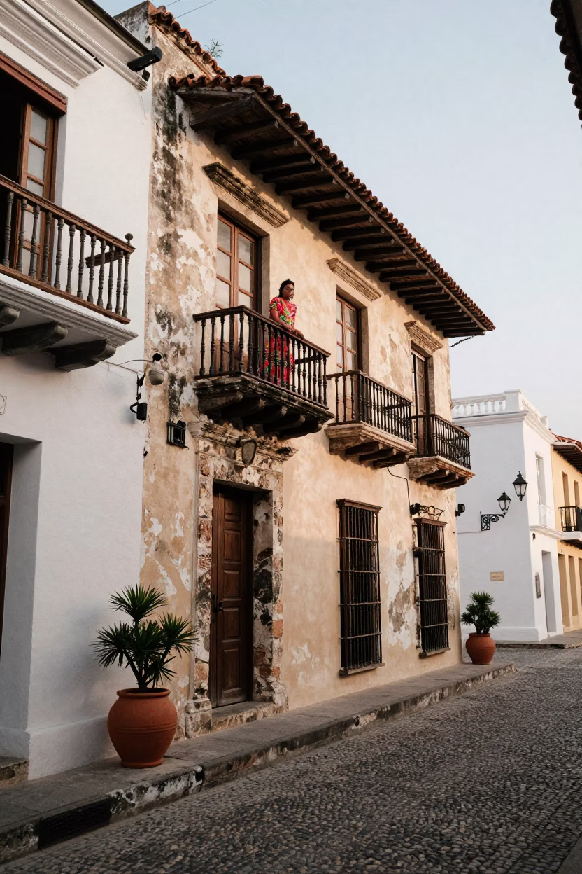Cartagena Colombia Morning Street Scene Colonial Balcony and Clay Pot in in Cartagena, Colombia