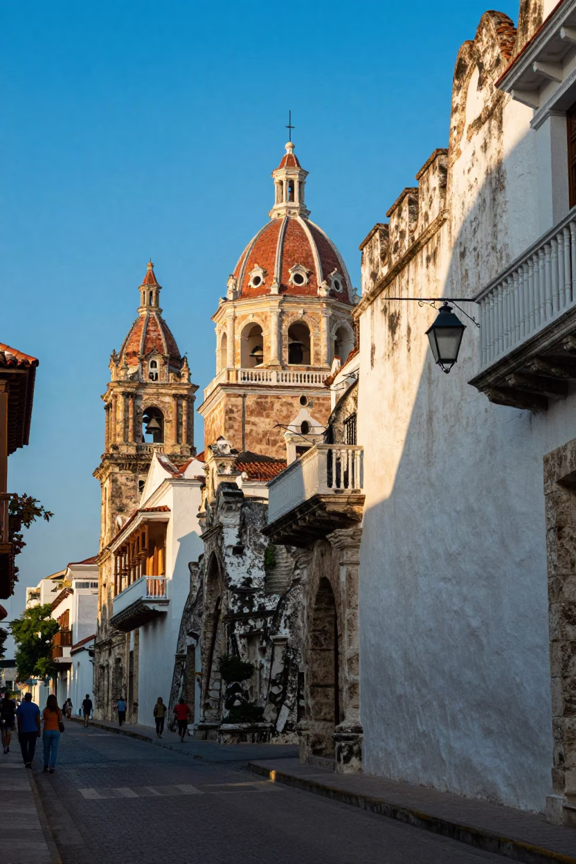 Cartagena Colombia Morning Street Scene with Lantern and Cobalt Blue Liquid in in Cartagena, Colombia