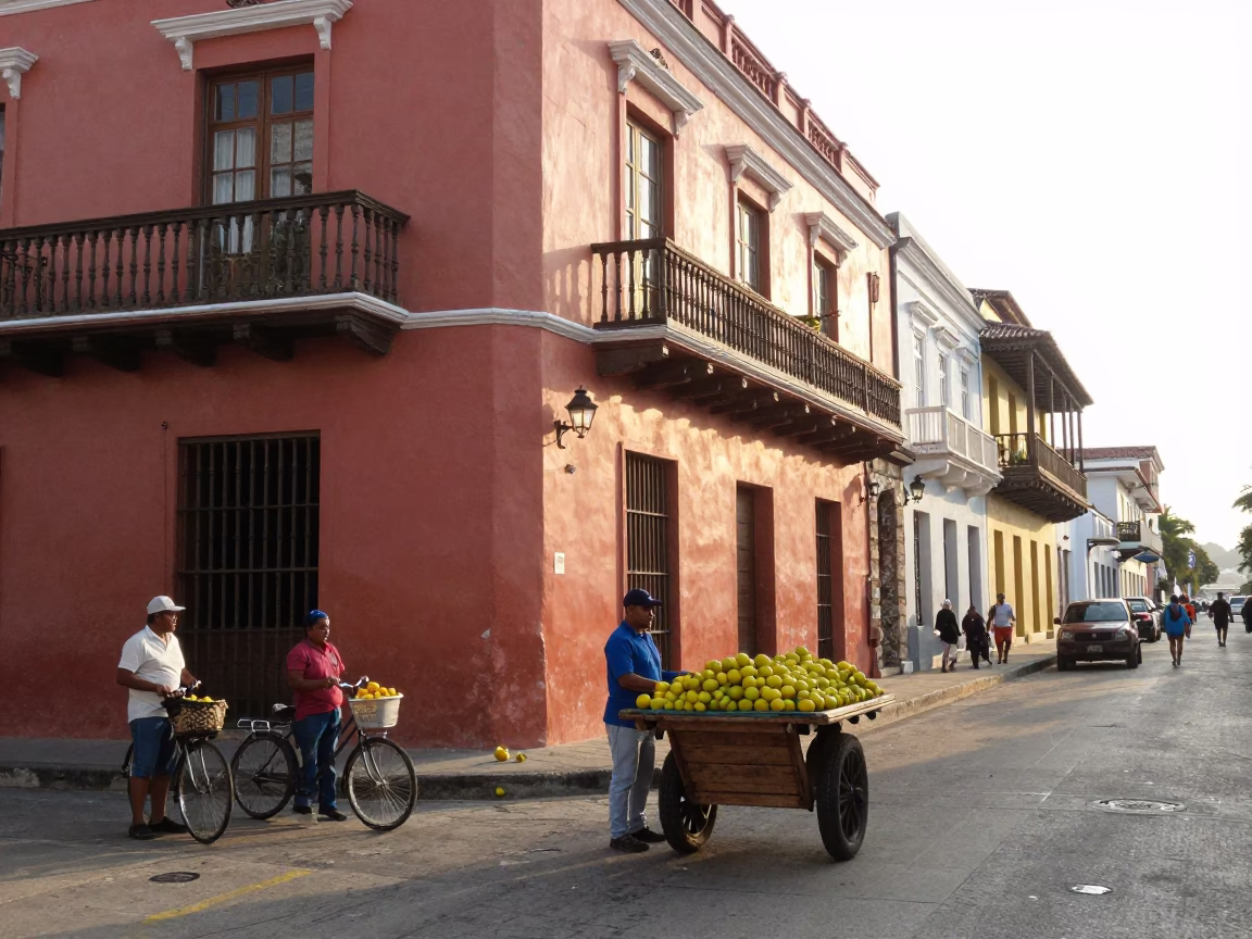 Cartagena Colombia Morning Street Scene with Lemons and Local Commerce in in Cartagena, Colombia