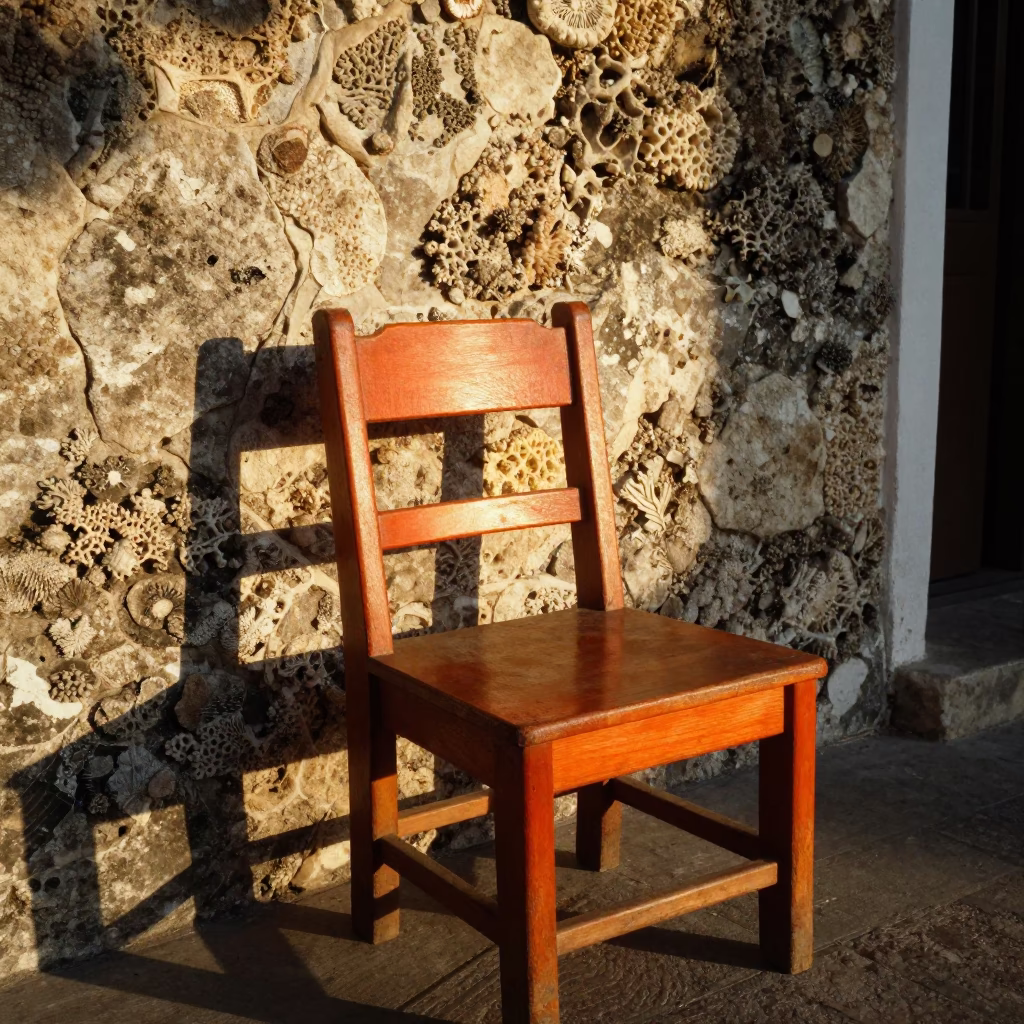 Cartagena Colombia Morning Sunlight Stripes on Wooden Chair Near Coral Stone Walls in in Cartagena, Colombia