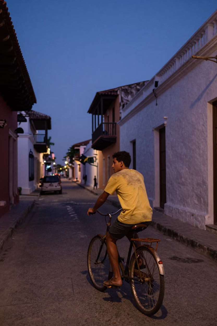 Cartagena Colombia Nautical Dawn Bicycle Rider Colonial Street Scene in in Cartagena, Colombia