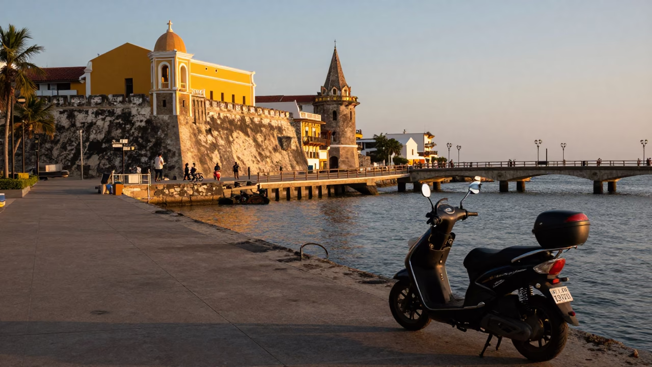 Cartagena Colombia Nautical Dawn Harbor Bridge Pier and Scooter Promenade in in Cartagena, Colombia