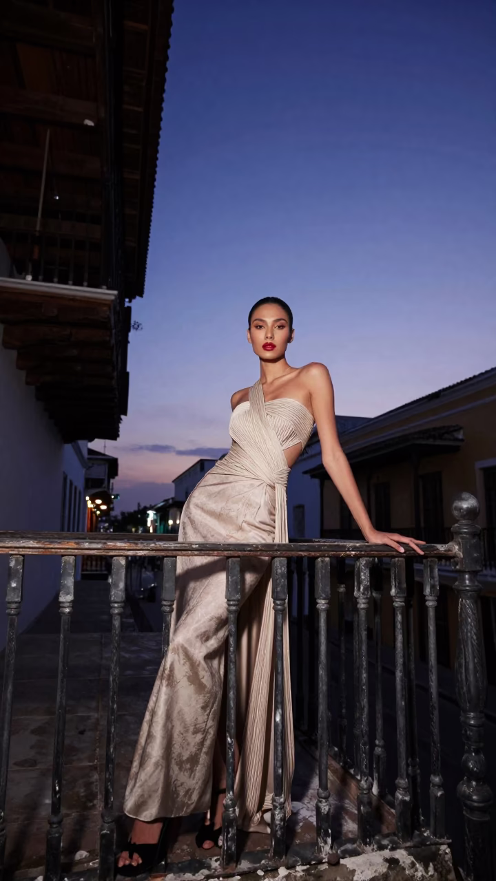 Cartagena Colombia Nautical Dawn High Fashion Portrait on Colonial Balcony with Rust and Ficus in in Cartagena, Colombia