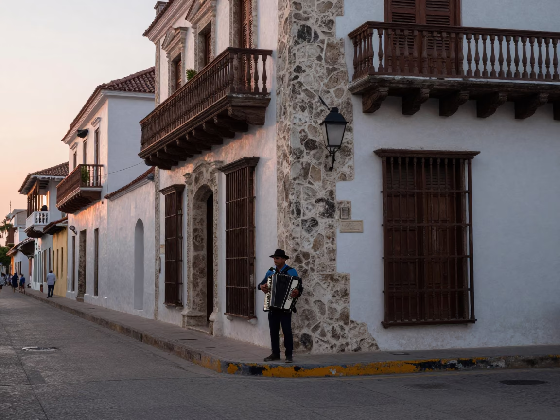 Cartagena Colombia Nautical Dawn Street Scene with Accordion Player and Coastal Activity in in Cartagena, Colombia