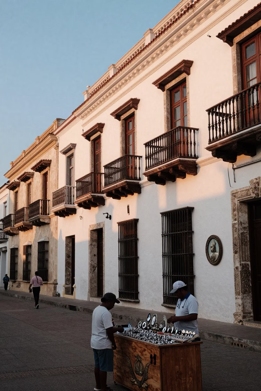 Cartagena Colombia Nautical Dawn Street Scene with Amulet and Cameo Pin Details in in Cartagena, Colombia