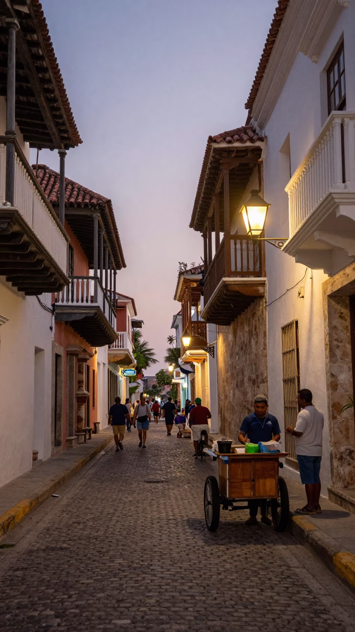 Cartagena Colombia Nautical Dawn Street Scene with Lantern Alley and Ceramic Pitcher in in Cartagena, Colombia