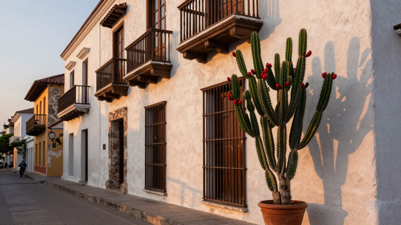 Cartagena Colombia Nautical Dawn Street Scene with Prickly Pear Cactus and Carafe on Balcony in in Cartagena, Colombia