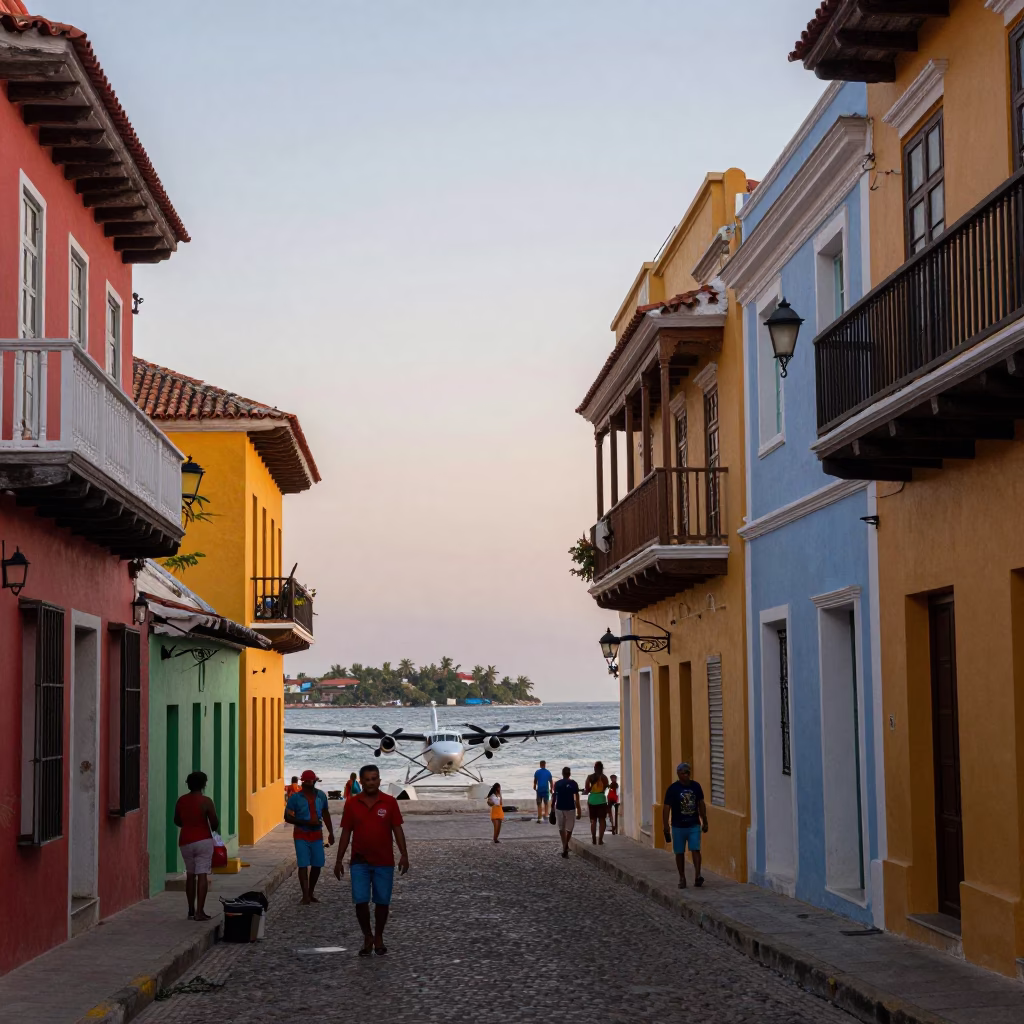 Cartagena Colombia Nautical Dawn Street Scene with Seaplane and Local Market Activity in in Cartagena, Colombia