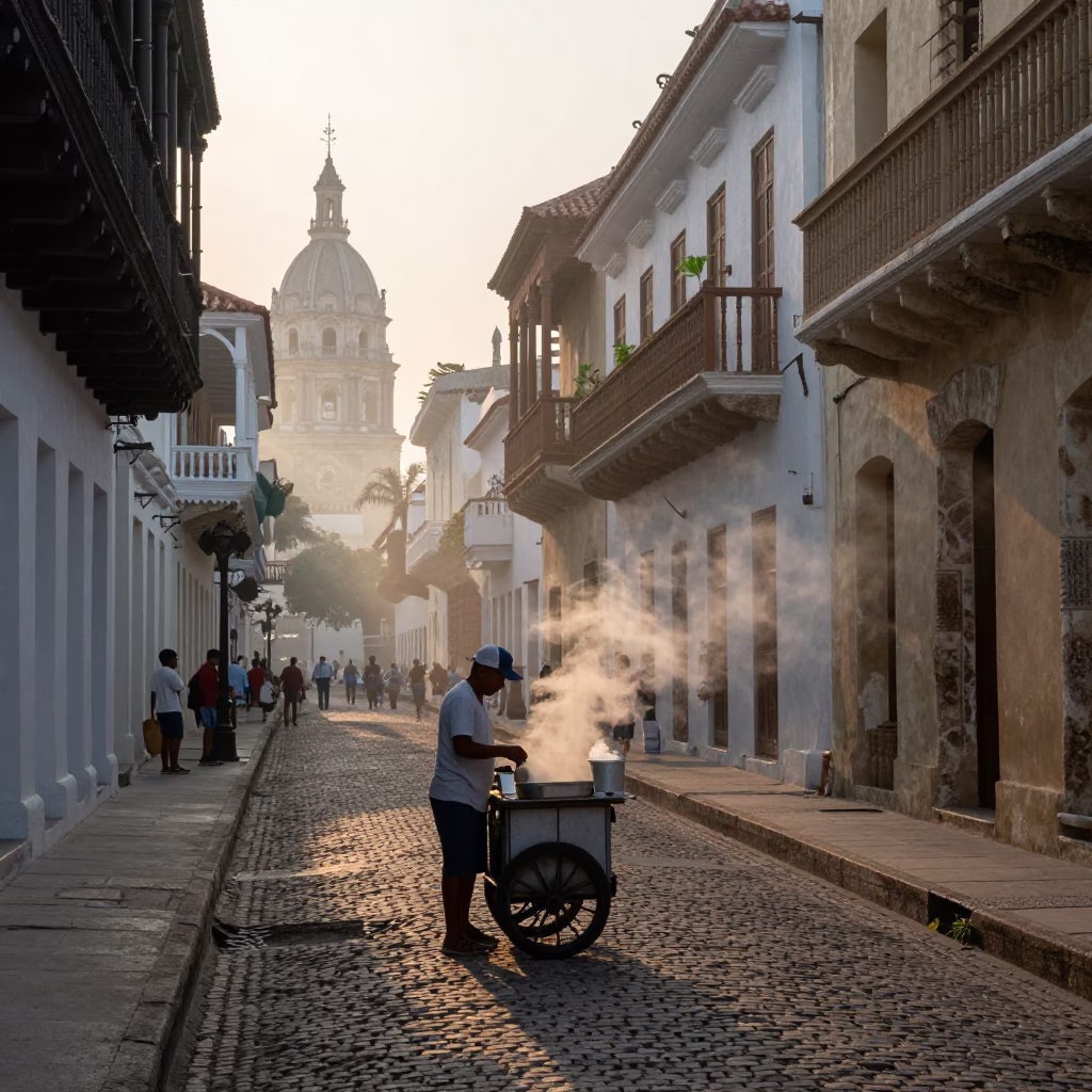 Cartagena Colombia Nautical Dawn Street Scene with Steam Haze and Linen Napkin in in Cartagena, Colombia