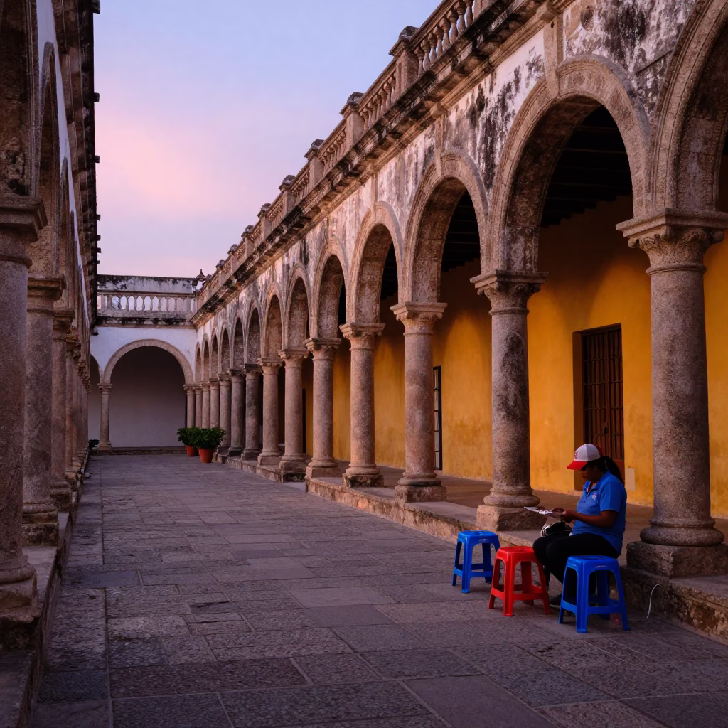 Cartagena Colombia Nautical Dawn University Cloister Stone Walkway and Colorful Morning Activity in in Cartagena, Colombia