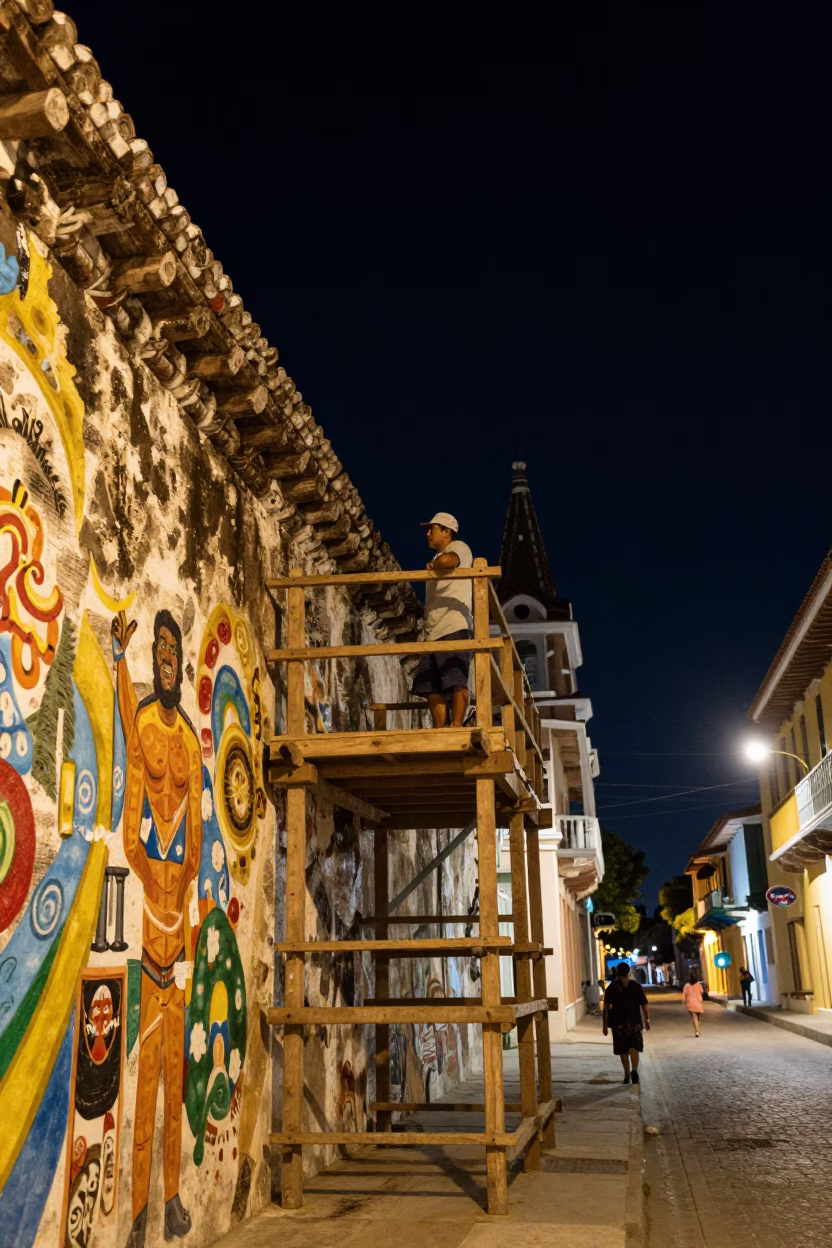 Cartagena Colombia Night Street Scene with Colorful Muralist Swatches and Local Architecture in in Cartagena, Colombia
