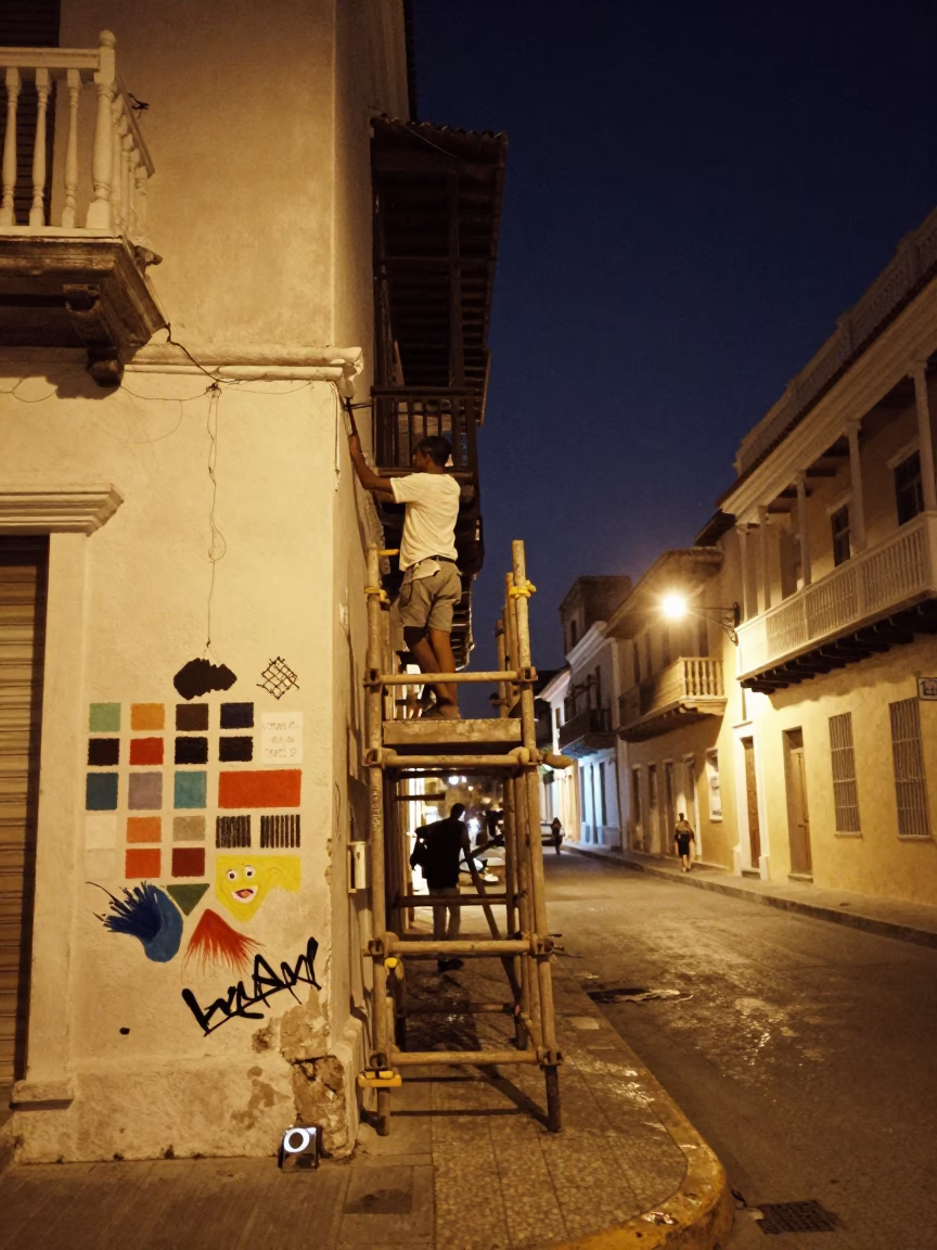 Cartagena Colombia Night Street Scene with Muralist Paint Samples and Cooler Jug in in Cartagena, Colombia