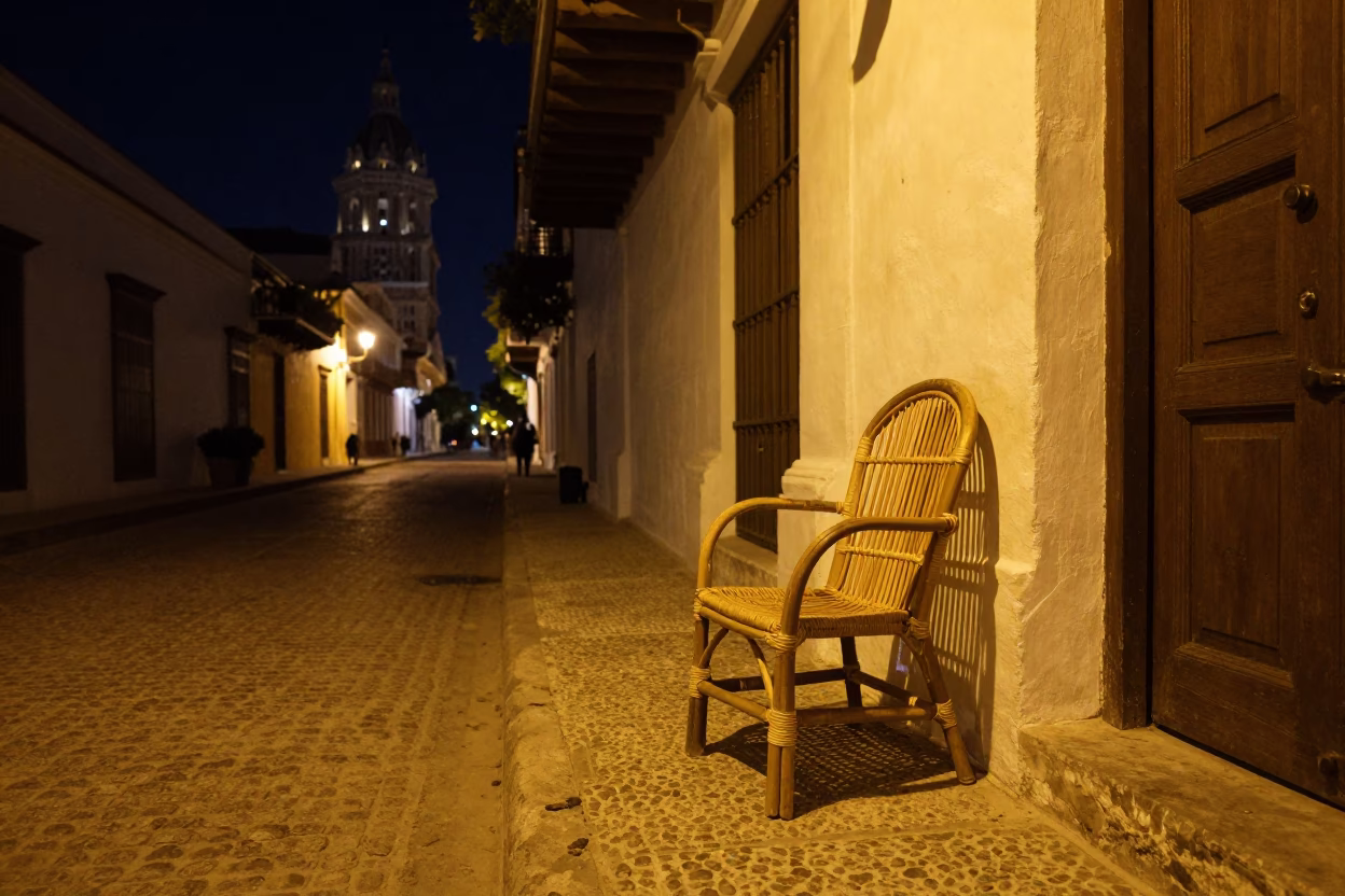 Cartagena Colombia Night Street Scene with Rattan Chair and Warm Interior Light in in Cartagena, Colombia