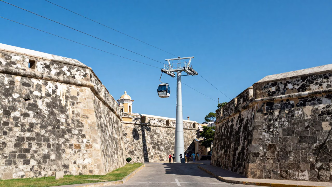 Cartagena Colombia Noon Light Street Scene with Aerial Tramway and Colonial Architecture in in Cartagena, Colombia