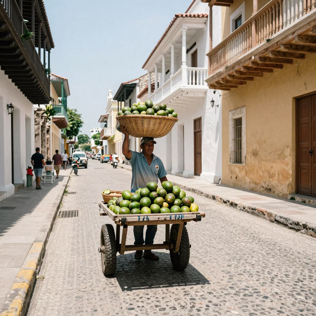 Cartagena Colombia Noon Street Scene with Avocados and Colonial Architecture in in Cartagena, Colombia