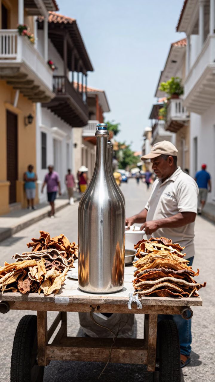 Cartagena Colombia noon street scene with brushed steel bottle neck in in Cartagena, Colombia