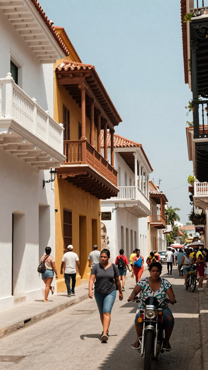 Cartagena Colombia Noon Street Scene with Colorful Balconies and Local Life in in Cartagena, Colombia