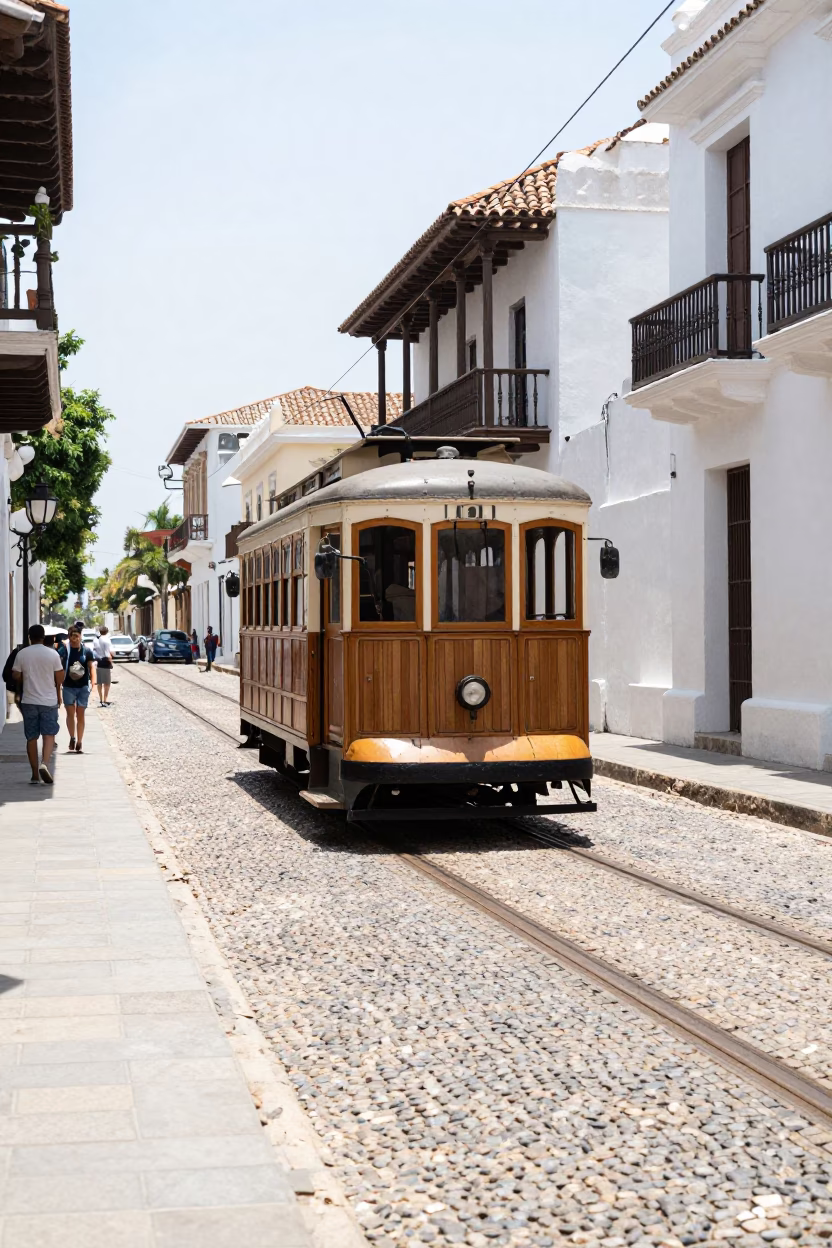 Cartagena Colombia Noon Street Scene with Heritage Tram and Cobblestone Avenue in in Cartagena, Colombia