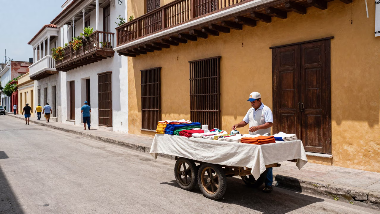 Cartagena Colombia Noon Street Scene With Linen Runners and Caster Wheel in in Cartagena, Colombia