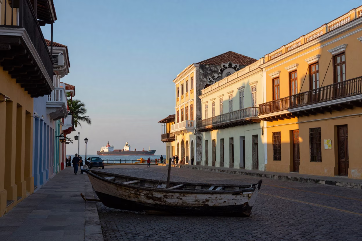 Cartagena Colombia Pre-Dawn Street Scene with Cargo Ship Horizon and Fishing Floats in in Cartagena, Colombia