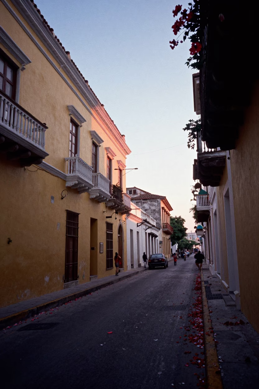 Cartagena Colombia Pre-Dawn Street Scene with Fallen Flower Petals on Colonial Cobblestone Pathway in in Cartagena, Colombia