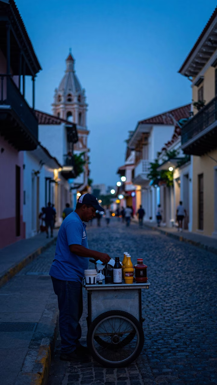 Cartagena Colombia Pre-Dawn Street Scene with Local Coffee Vendor and Colorful Colonial Architecture in in Cartagena, Colombia