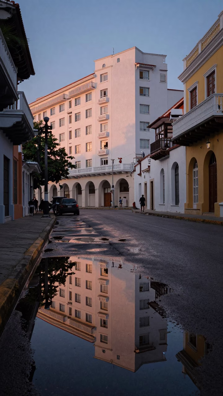 Cartagena Colombia Pre-Dawn Street Scene with Puddle Reflections and Hotel Lights in in Cartagena, Colombia