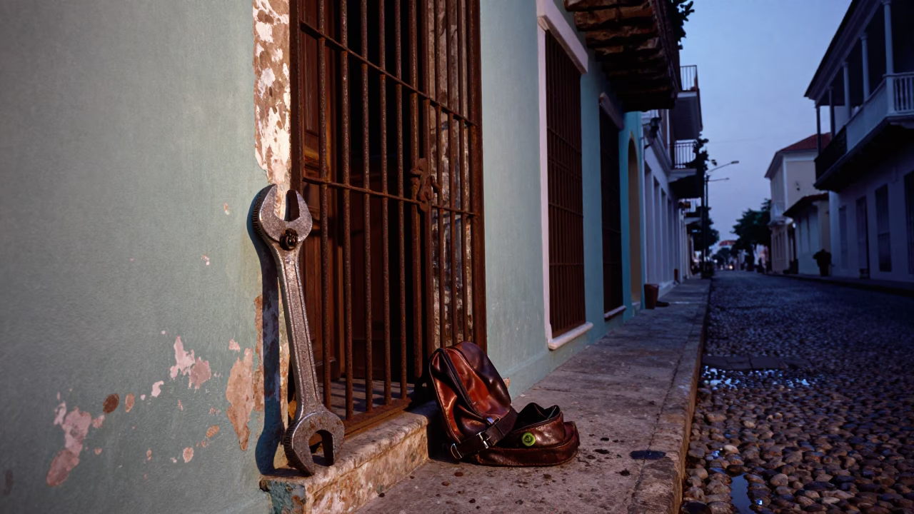Cartagena Colombia Pre-Dawn Street Scene with Wrench and Old Leather Basketball in in Cartagena, Colombia