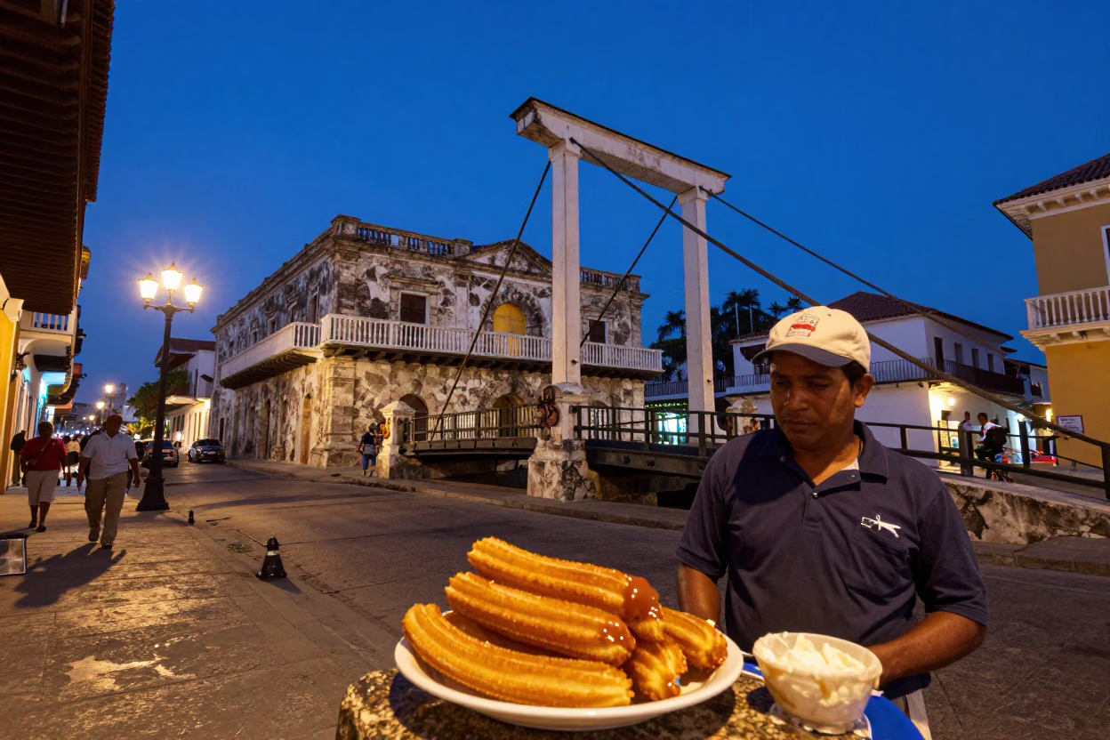 Cartagena Colombia Predawn Street Scene with Drawbridge Counterweight House and Local Market Activity in in Cartagena, Colombia
