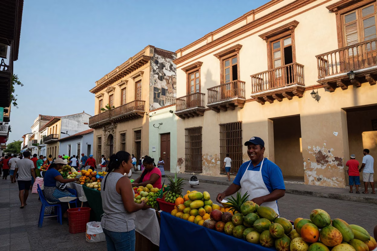 Cartagena Colombia Street Market Late Afternoon Light Vendors and Shoppers in in Cartagena, Colombia