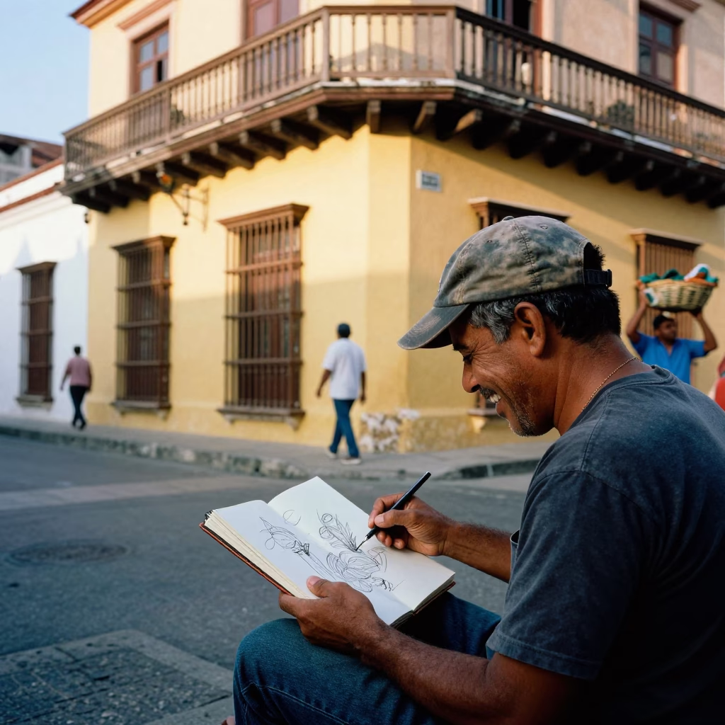 Cartagena Colombia street photography first light candid moment with sketchbook and colonial architecture in in Cartagena, Colombia