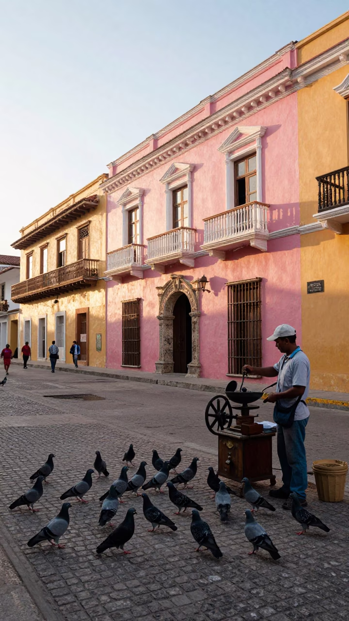 Cartagena Colombia street scene after sunrise with pigeons and vintage coffee grinder in in Cartagena, Colombia