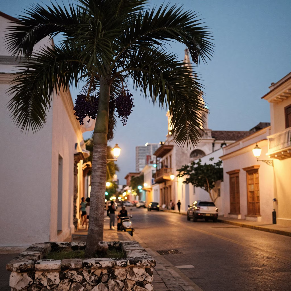Cartagena Colombia Street Scene at Dusk with Acai Palm and Colonial Architecture in in Cartagena, Colombia