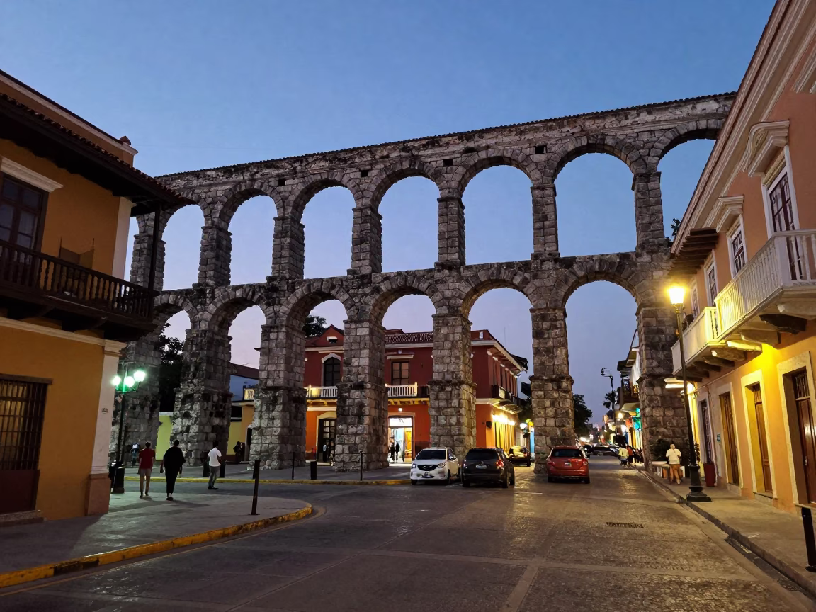 Cartagena Colombia Street Scene at Dusk with Colonial Architecture and City Lights in in Cartagena, Colombia