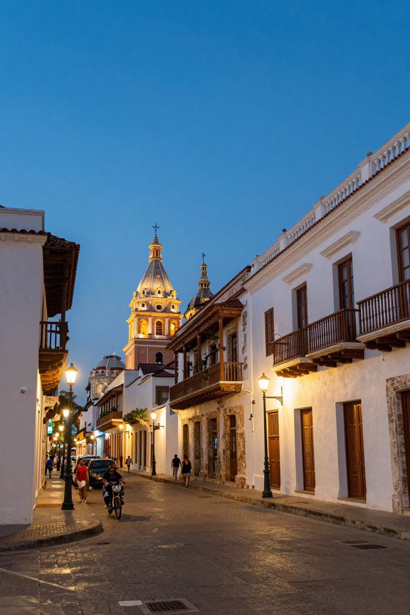 Cartagena Colombia Street Scene at Dusk with Colonial Architecture and Evening Lights in in Cartagena, Colombia
