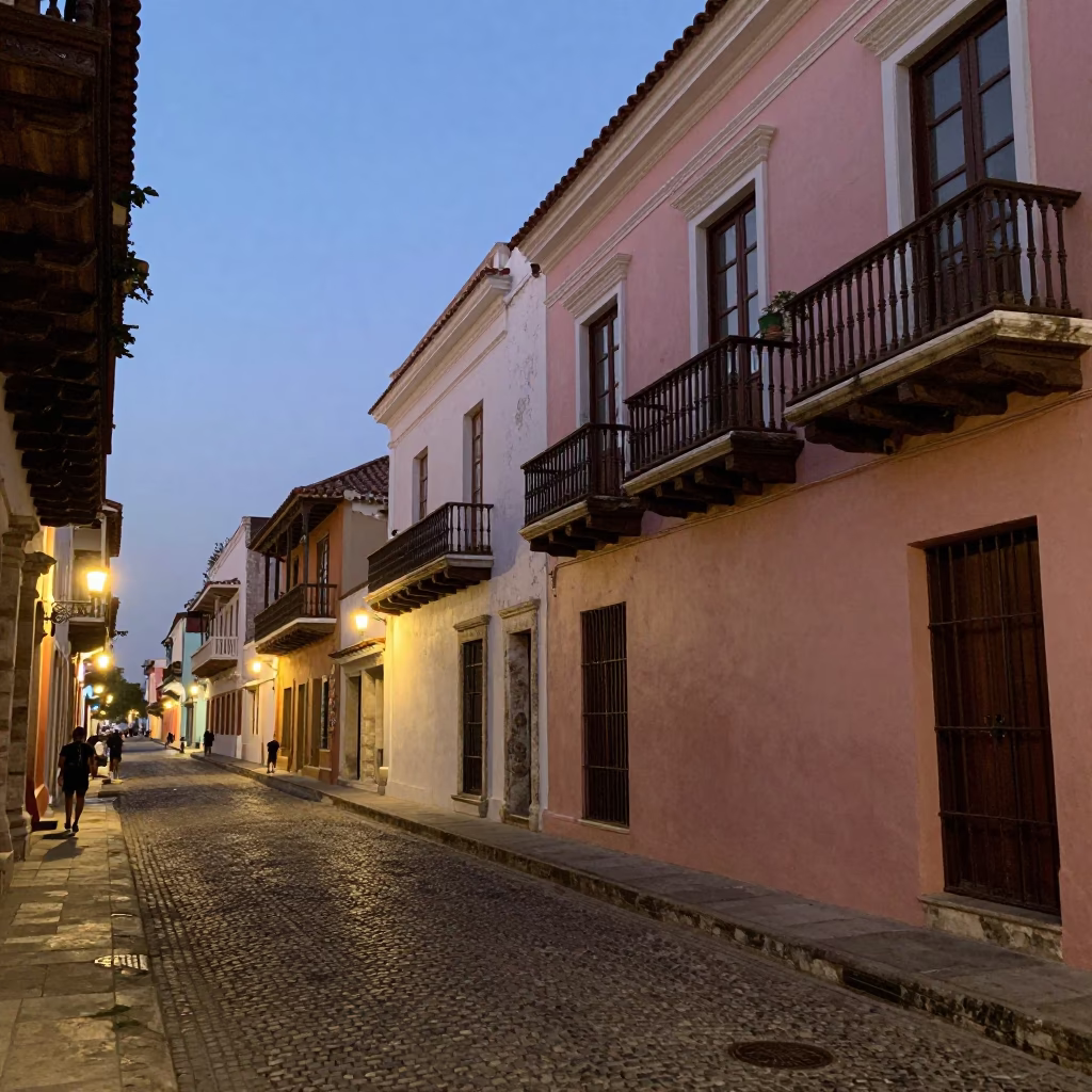 Cartagena Colombia street scene at dusk with colonial architecture and local life in in Cartagena, Colombia
