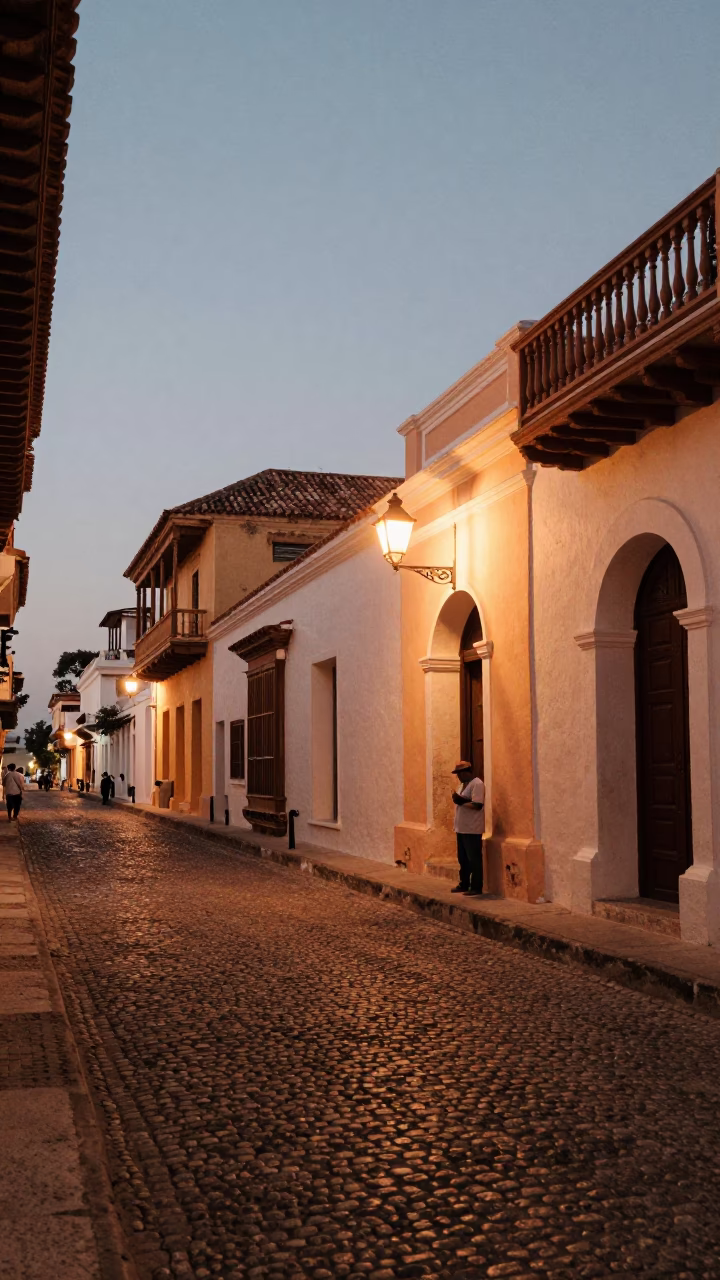 Cartagena Colombia Street Scene at Dusk with Lantern and Local Life in in Cartagena, Colombia