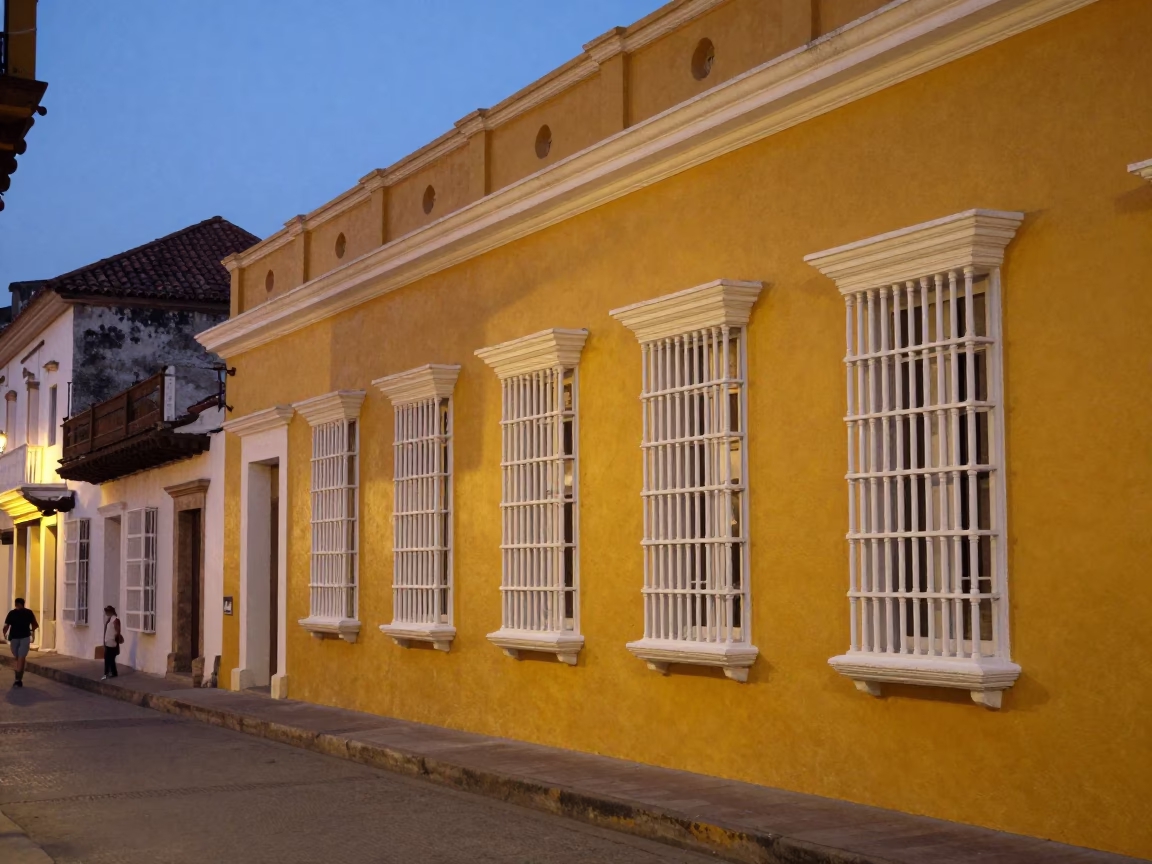 Cartagena Colombia street scene at dusk with yellow colonial building and cargo ship in in Cartagena, Colombia
