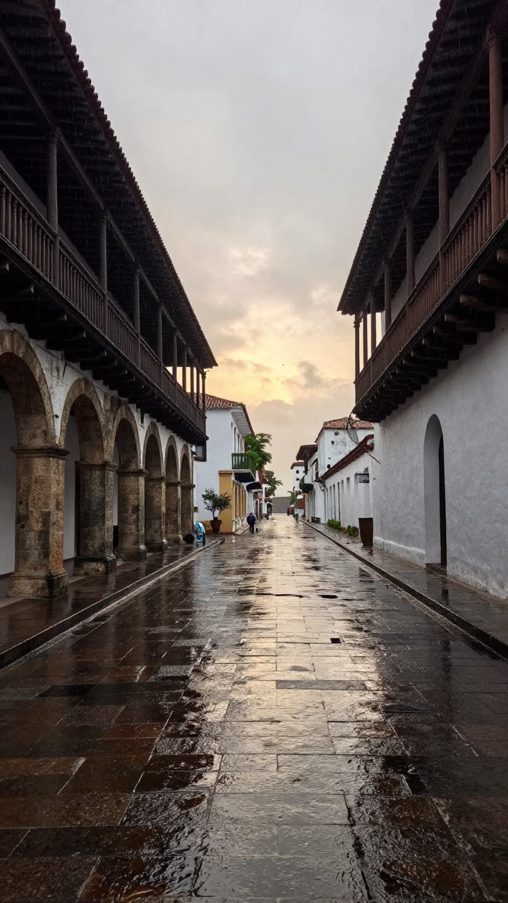 Cartagena Colombia Street Scene at Nautical Dawn with Rain and Local Activity in in Cartagena, Colombia