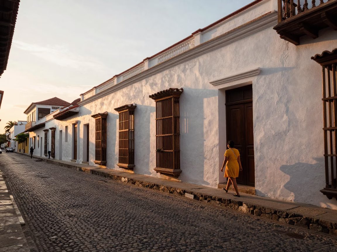 Cartagena Colombia Street Scene at Sunset with Colonial Architecture and Local Life in in Cartagena, Colombia