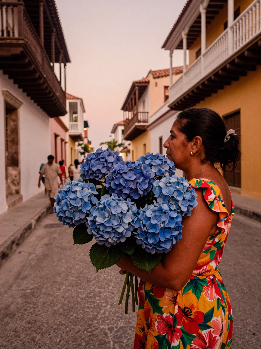 Cartagena Colombia Street Scene Before Dusk with Hydrangeas and Linen Fringe in in Cartagena, Colombia